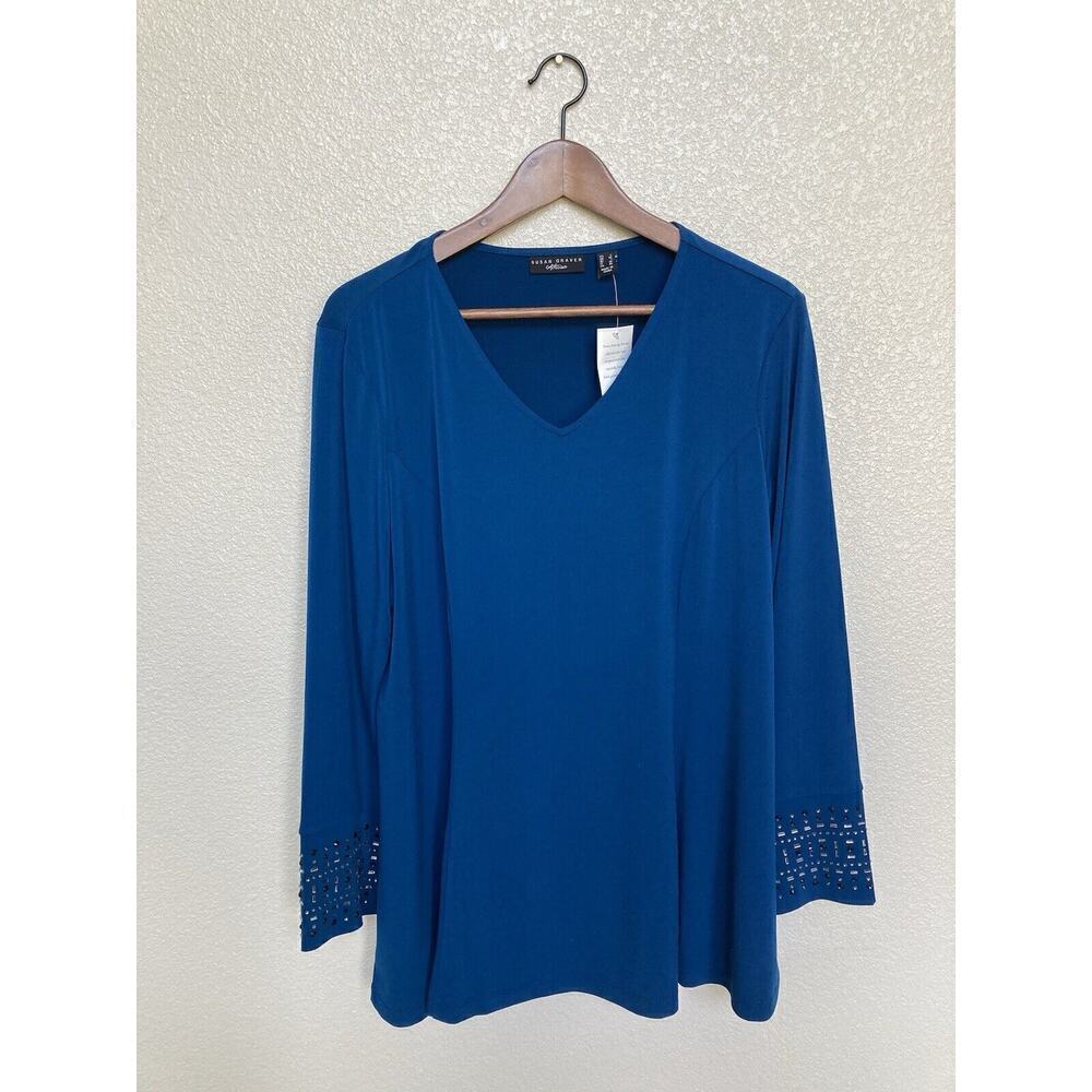 NWT Susan Graver Artisan Teal Blue long sleeve Tunic Blouse Large Beaded sleeve